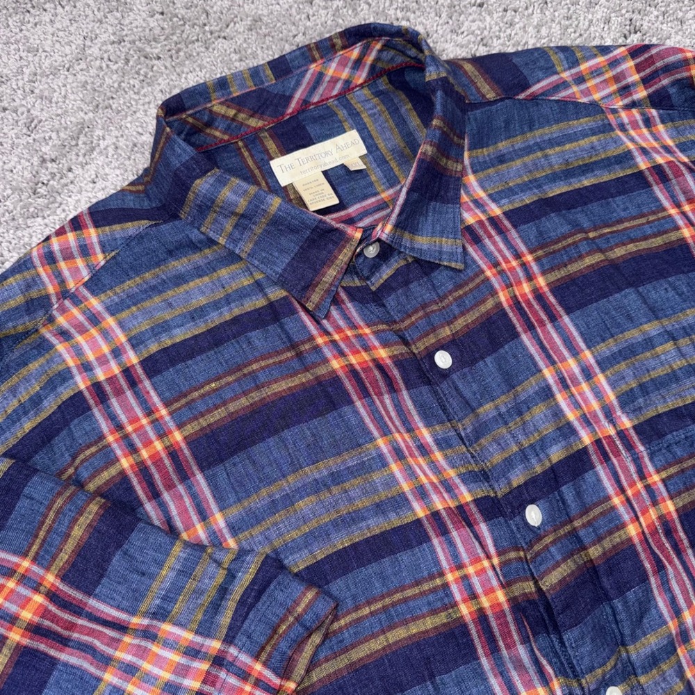 The Territory Ahead Shirt Mens 100% Linen Plaid Short Sleeve Blue XXL Excellent
